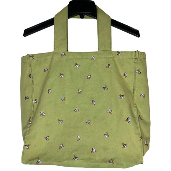 Green Embroidered Button Design 100% Cotton Canvas Two Handle Large Tote - Picture 1 of 7